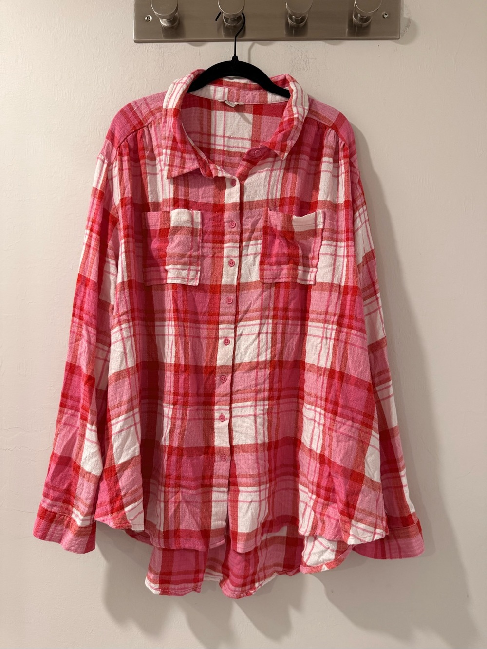 Cato Pink Red Plaid Button Down Shirt Women’s 26/28W Oversized Flannel Holiday